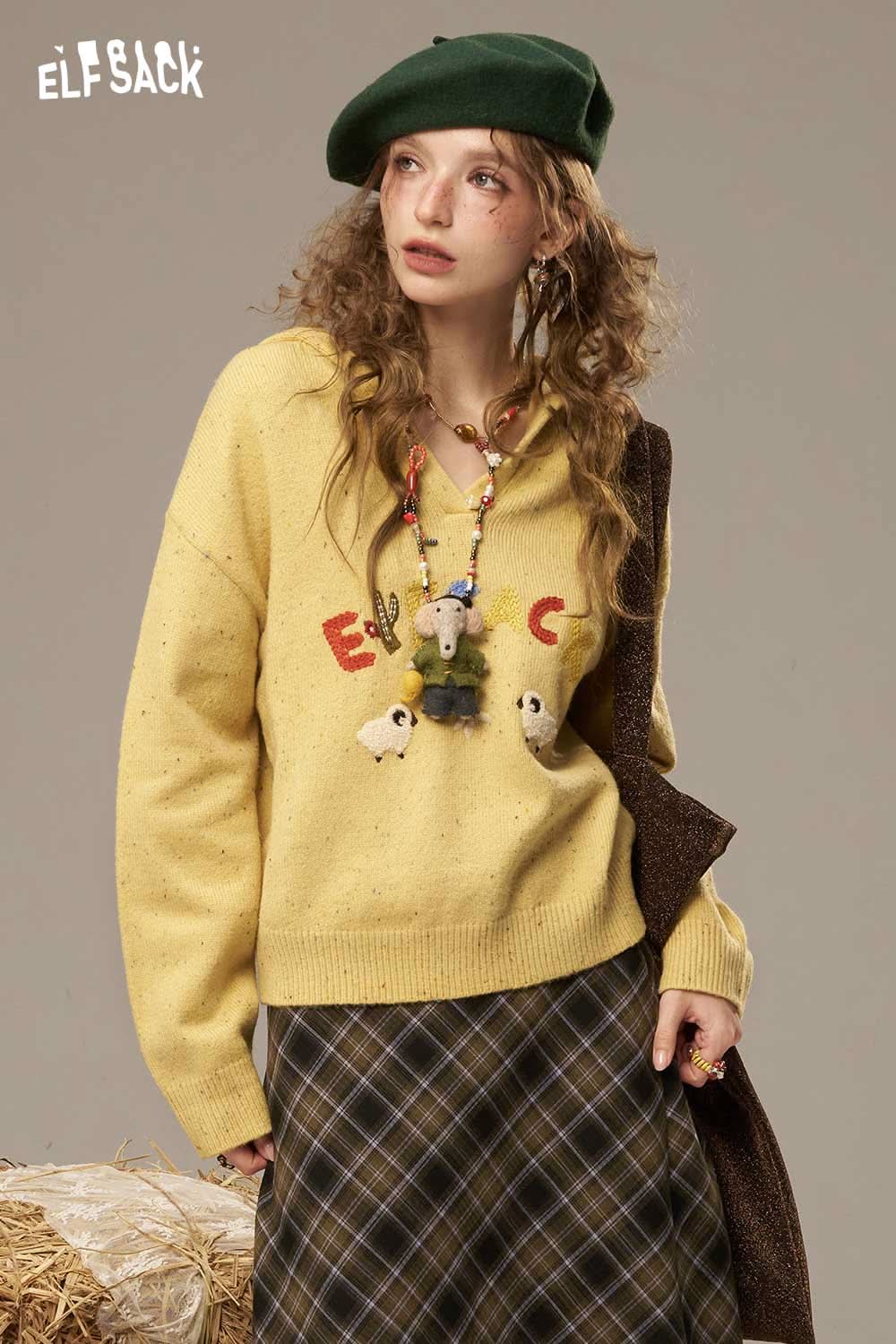 Cute cartoon sheep sweater for women by ELFSACK in yellow with playful designs and a cozy fit