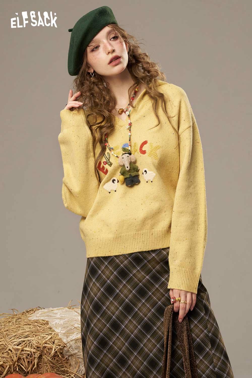 Cute cartoon sheep sweater for women in yellow with whimsical sheep design and relaxed fit