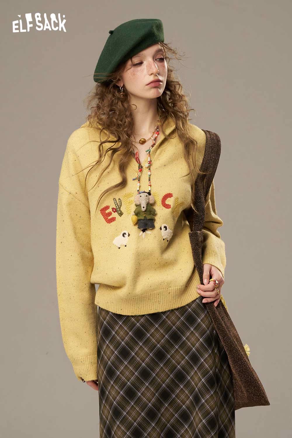 Cute cartoon sheep sweater for women in yellow with playful designs, perfect for casual outings