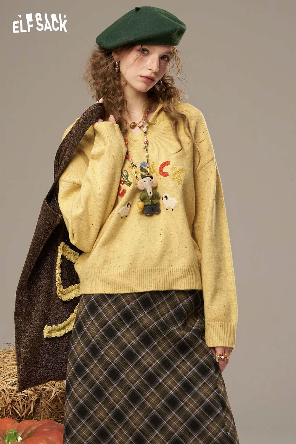 Cute cartoon sheep sweater for women in yellow with playful prints and relaxed fit from ELFSACK