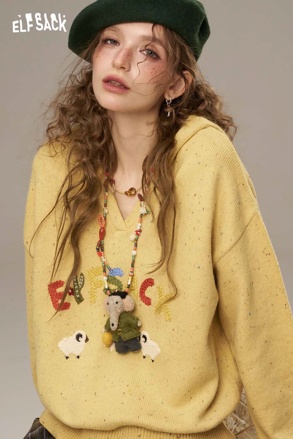 ELFSACK cute cartoon sheep sweater for women in yellow with unique design and playful embellishments