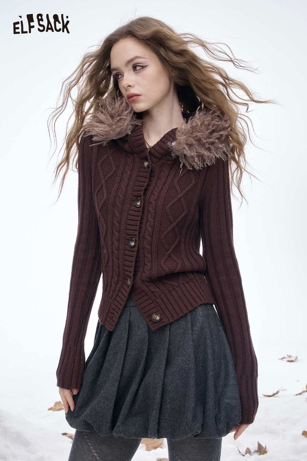 ELFSACK soft cropped plush button sweater in brown with textured design and faux fur collar