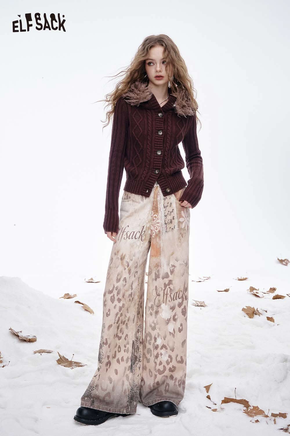 ELFSACK soft cropped plush button sweater in burgundy with stylish knit detailing and button closure