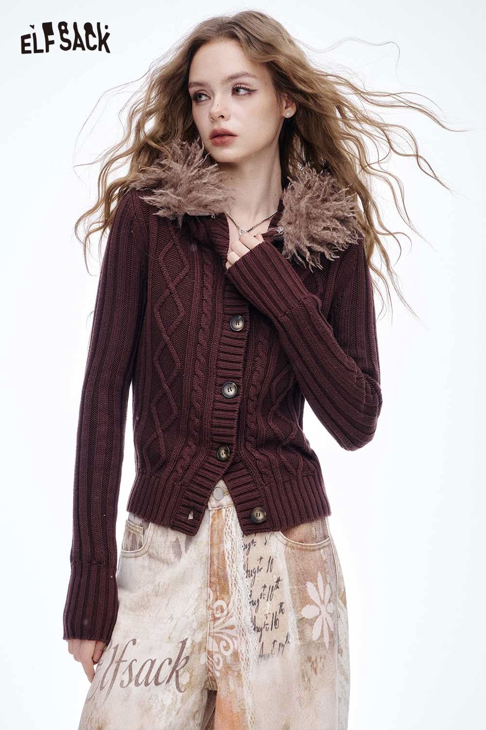 ELFSACK soft cropped plush button sweater in maroon with textured knit and fur collar details