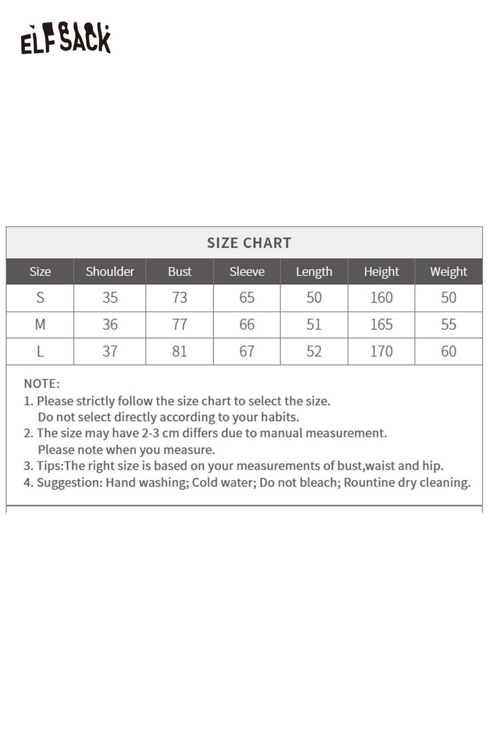 ELFSACK soft cropped plush button sweater in various sizes with care instructions and size chart
