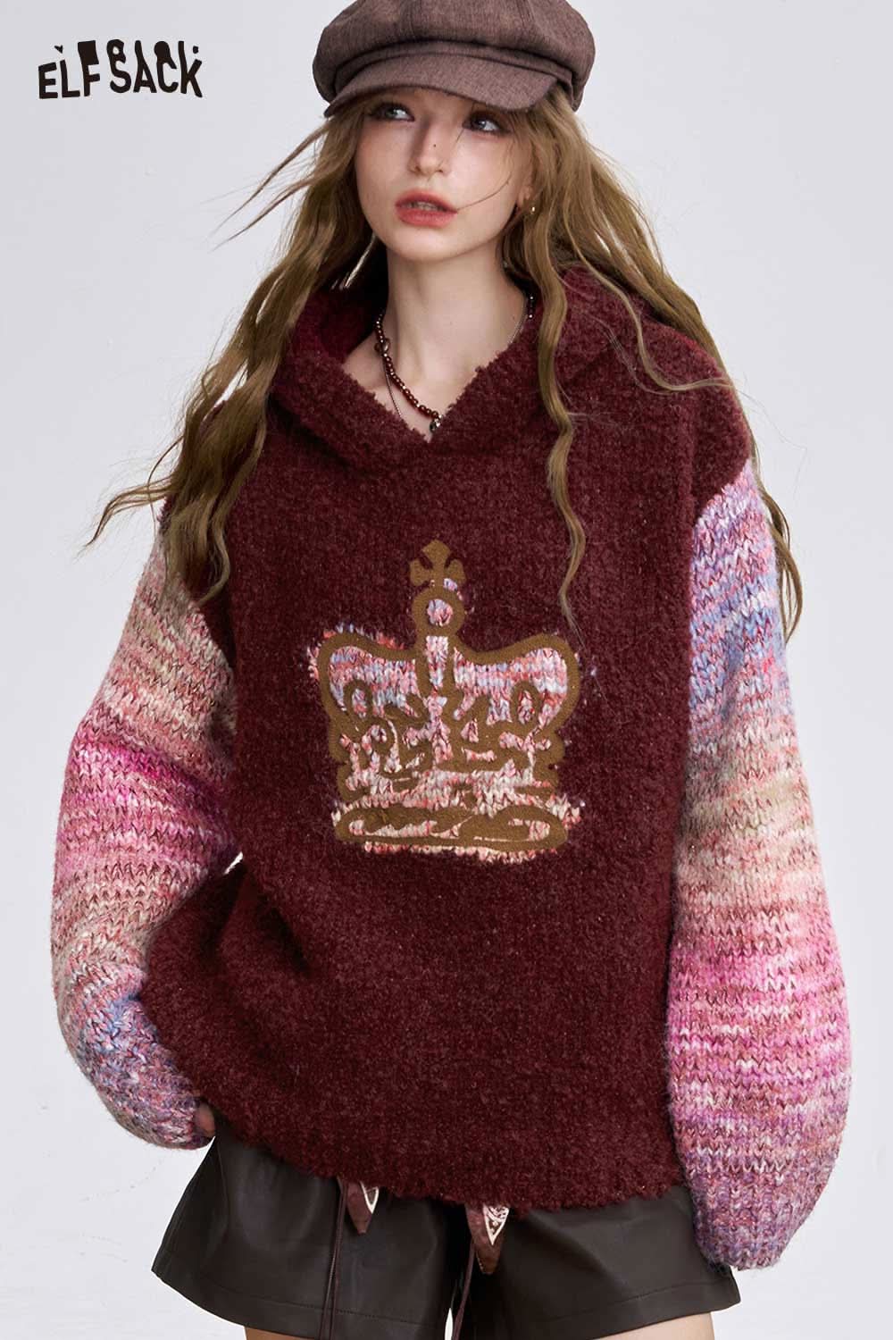 ELFSACK soft crown graphic sweater in burgundy with colorful knitted sleeves and hood
