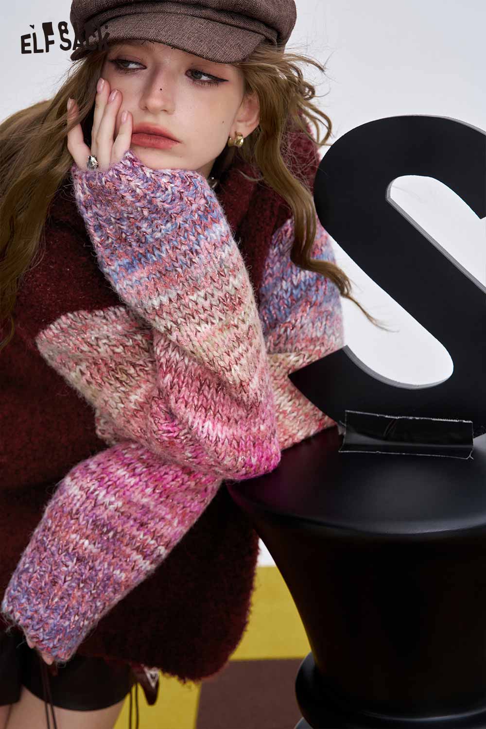 ELFSACK soft crown graphic sweater with colorful woven design and oversized fit for a trendy look