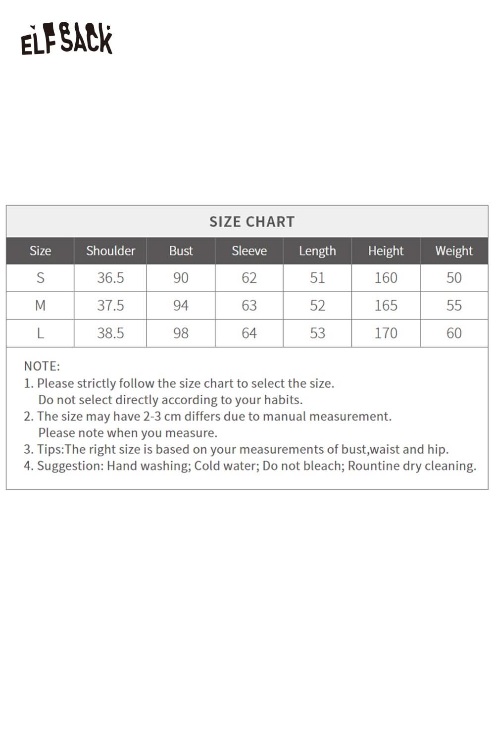 Size chart for ELFSACK soft embroidered knit sweater showing measurements for S, M, and L sizes