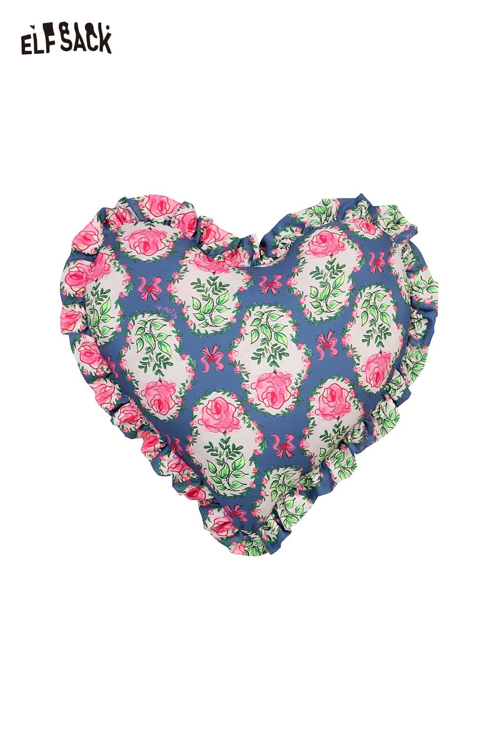 ELFSACK heart shaped rose pillow with navy blue background pink rose pattern and ruffled trim