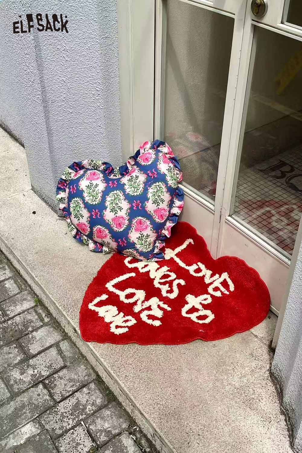 ELFSACK heart shaped rose pillow and red love text cushion set with ruffled floral print