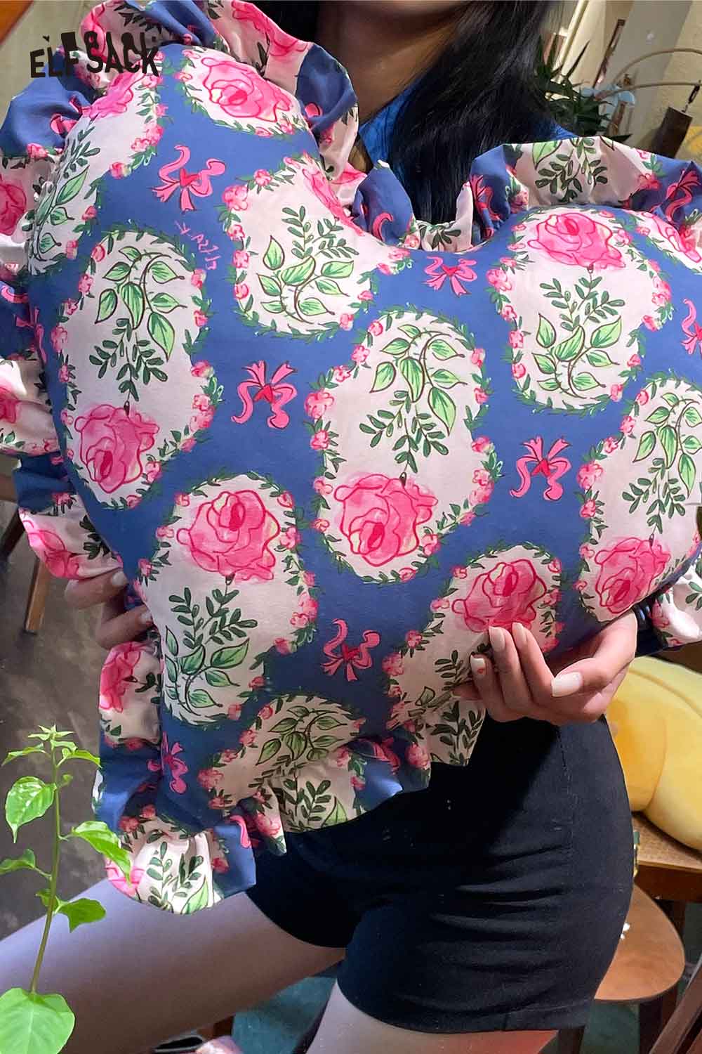ELFSACK heart shaped rose pillow with blue background and pink ruffle trim floral print decorative cushion