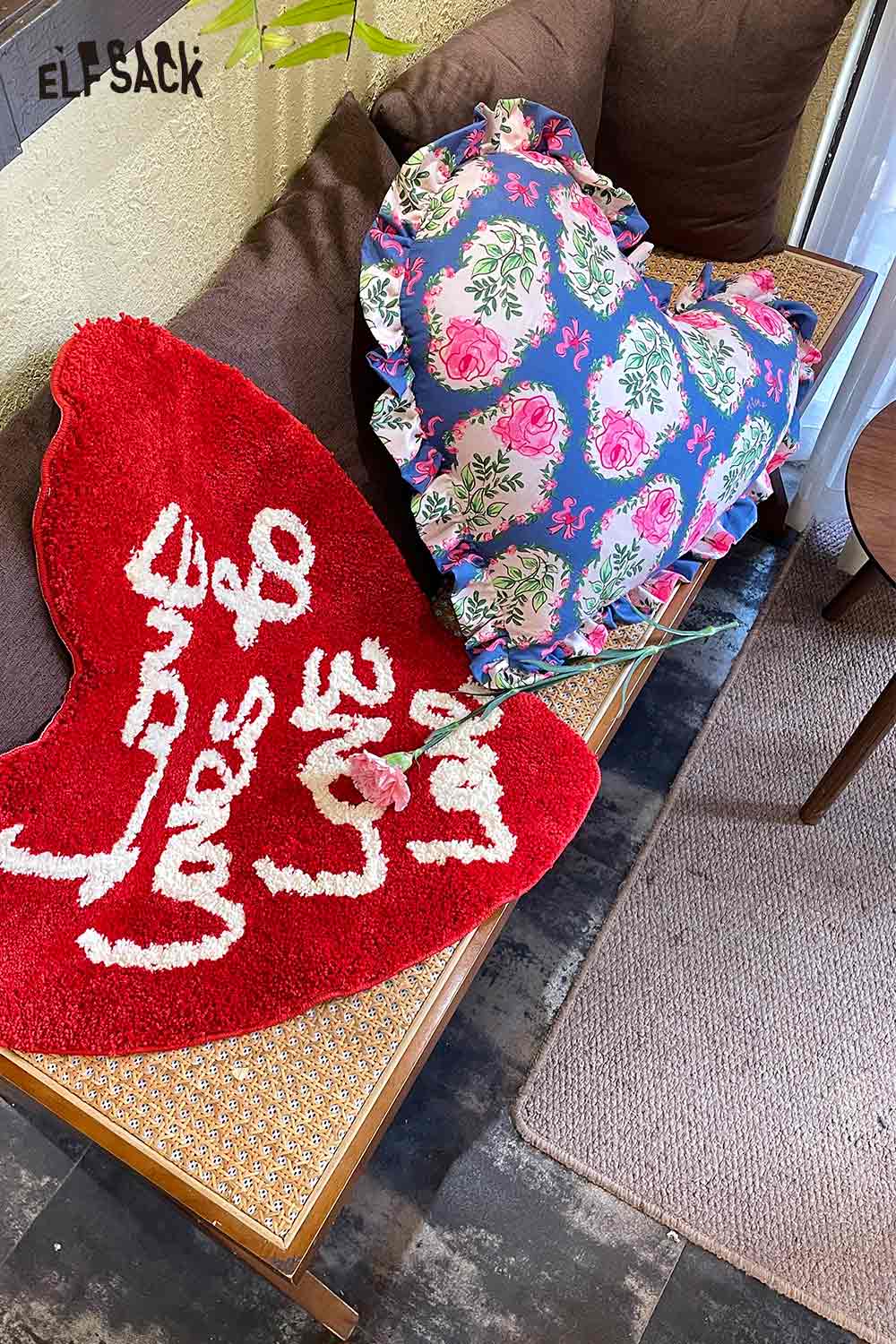 ELFSACK heart shaped rose pillow blue floral ruffled cushion and red shaggy heart throw on bench