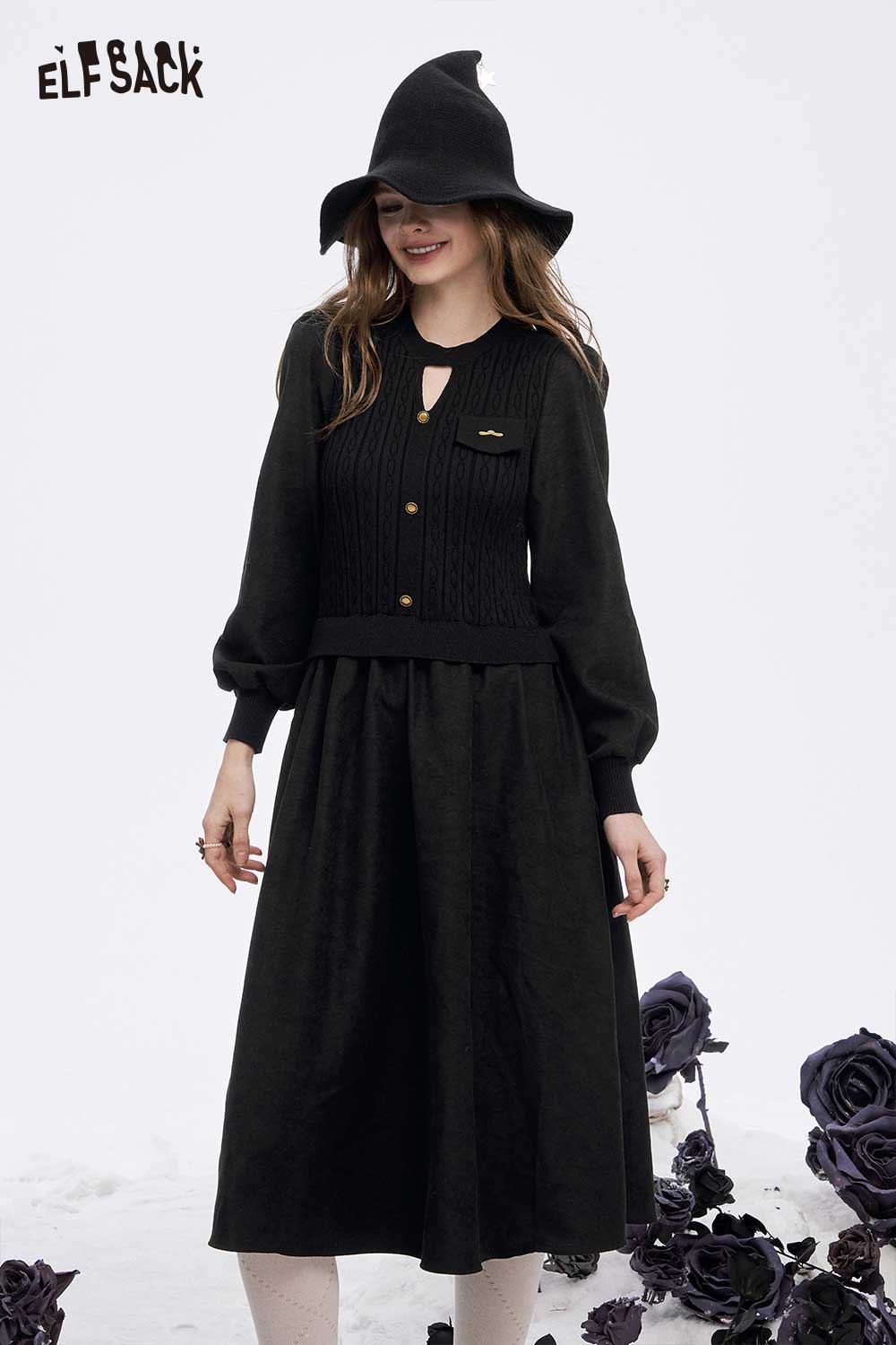 ELFSACK soft flared tea dress in black with a stylish knitted bodice and wide sleeves
