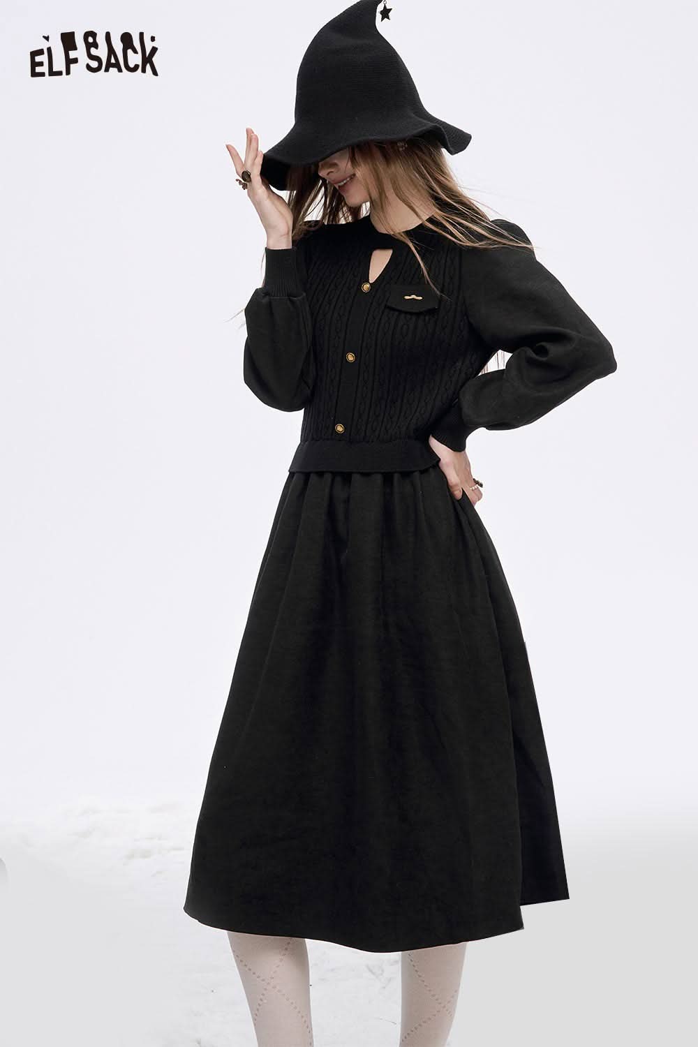 ELFSACK Soft Flared Tea Dress in Black with Long Sleeves and Button Details for a Chic Look