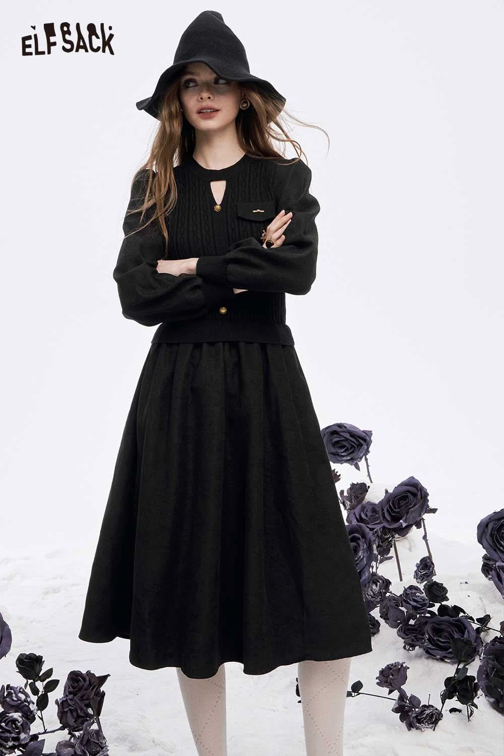 ELFSACK soft flared tea dress featuring a black skirt and stylish top for elegant casual wear