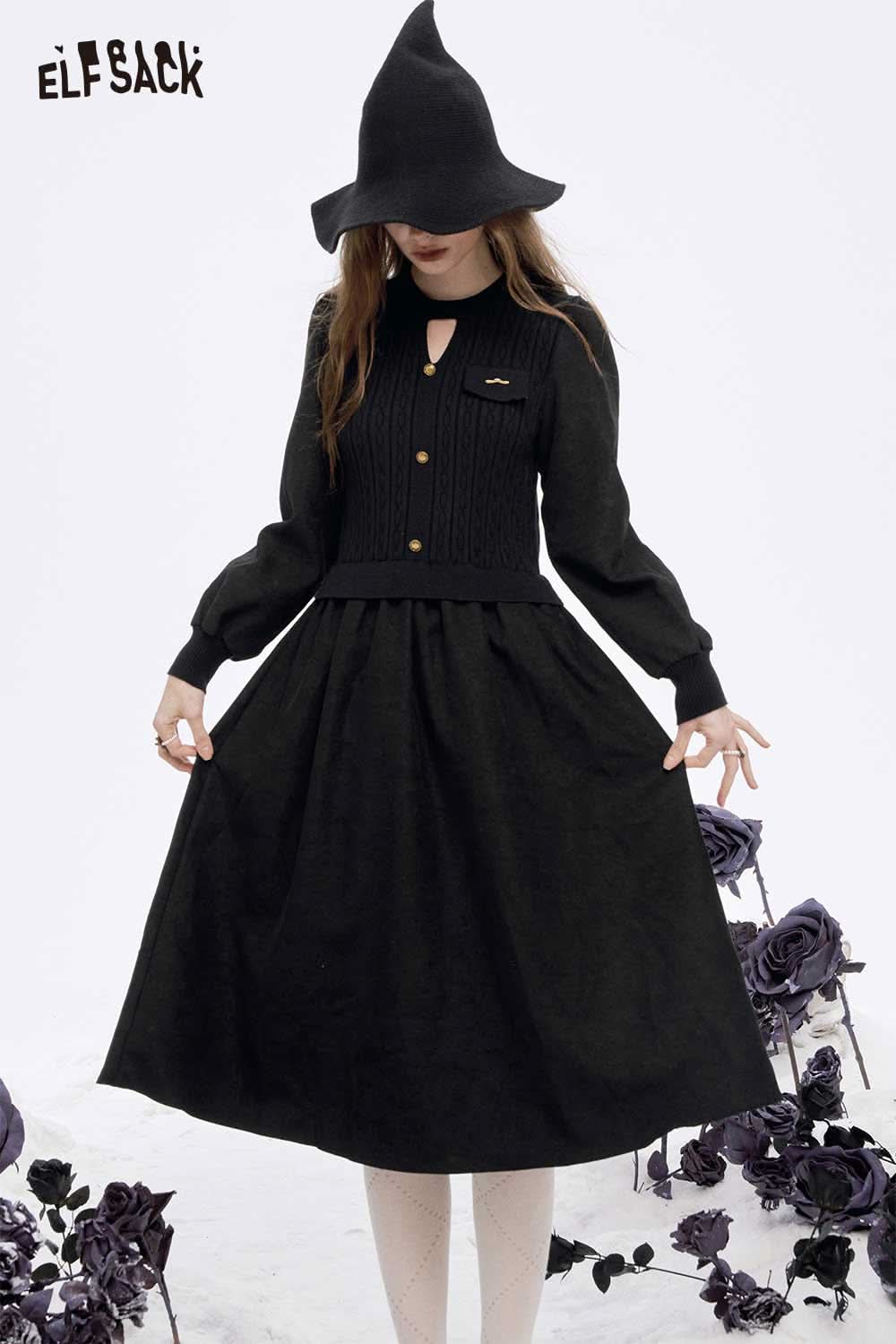 ELFSACK soft flared tea dress in black with long sleeves and stylish cardigan detail