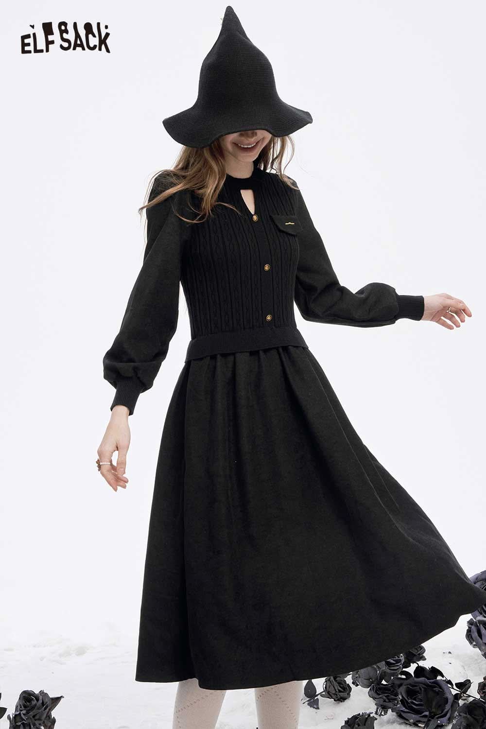 ELFSACK soft flared tea dress in black with long sleeves and a stylish keyhole detail