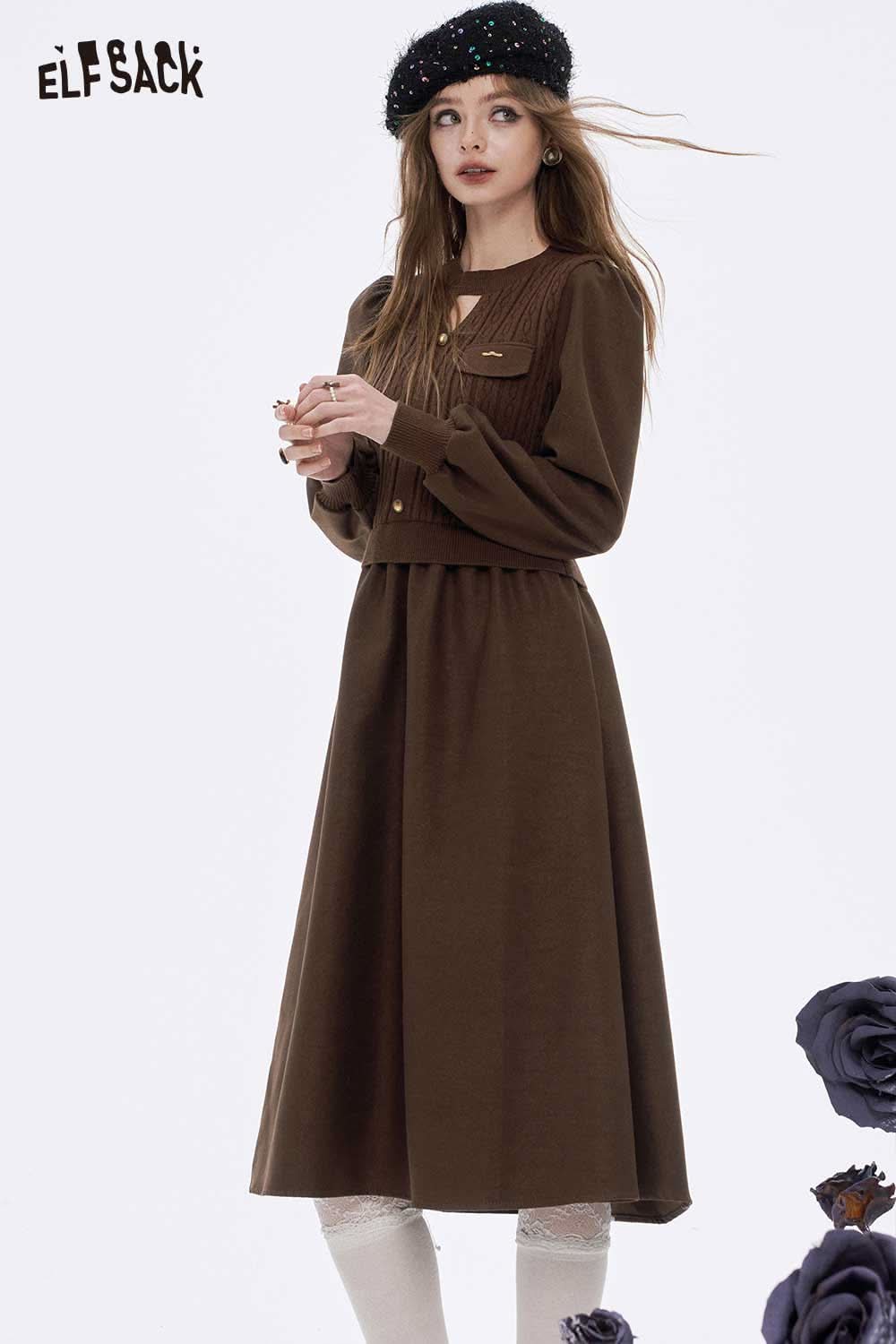 ELFSACK soft flared tea dress in brown with long sleeves and a fitted bodice for a stylish look