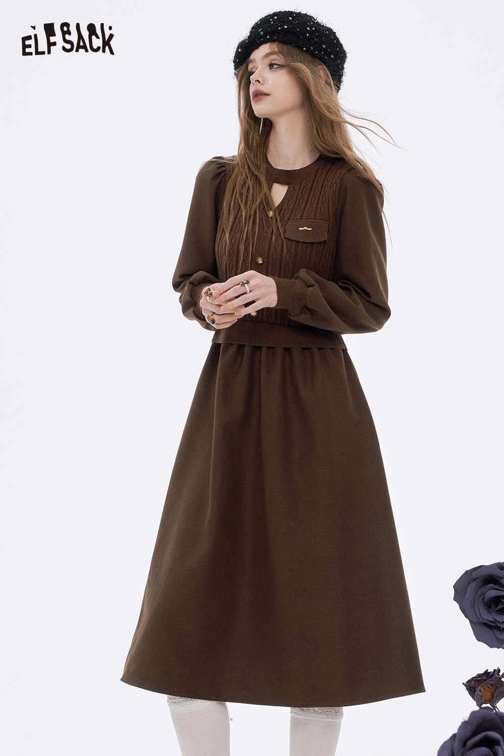 ELFSACK soft flared tea dress in brown with a pleated bodice and long sleeves for a stylish look