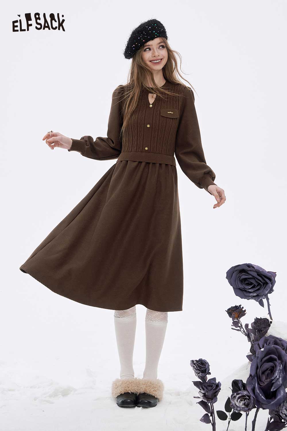 ELFSACK soft flared tea dress in brown with a stylish design and long sleeves