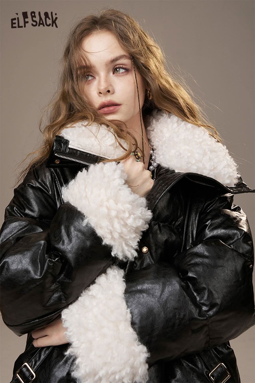ELFSACK shearling trim puffer jacket in black featuring fluffy white trim for winter warmth and style
