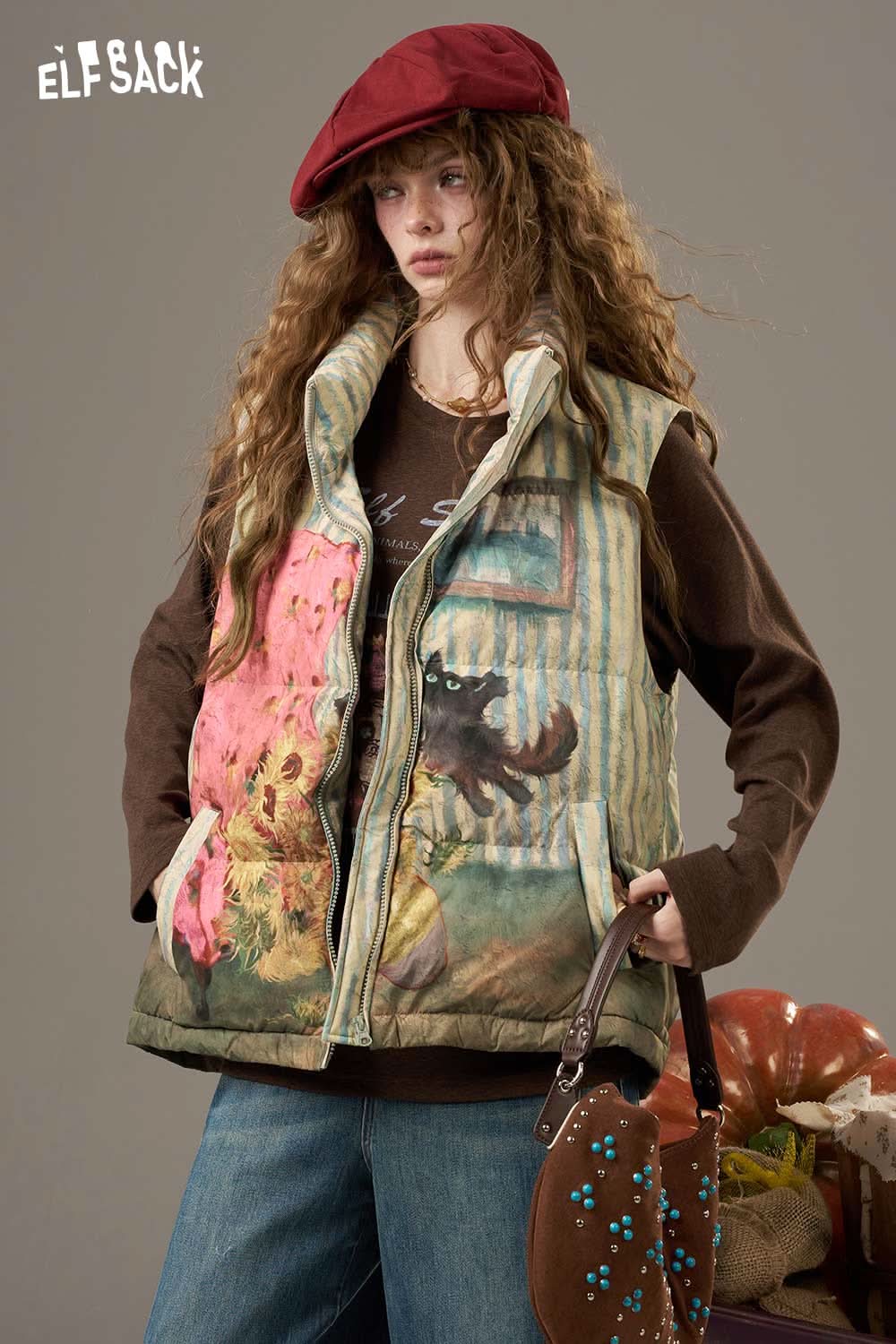 ELFSACK women's checkered down vest featuring a colorful design with animal prints and a cozy fit
