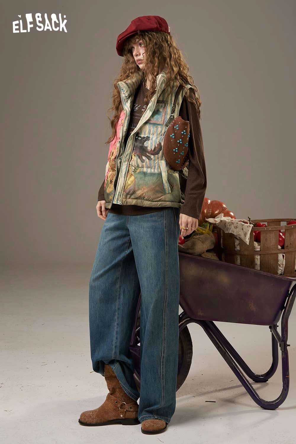 ELFSACK women's checkered down vest styled with wide-leg jeans and a maroon hat for a casual look