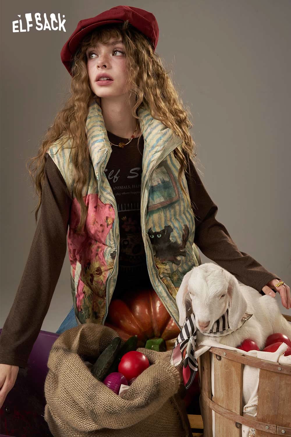 ELFSACK women's checkered down vest with colorful patterns, featuring a stylish and cozy design
