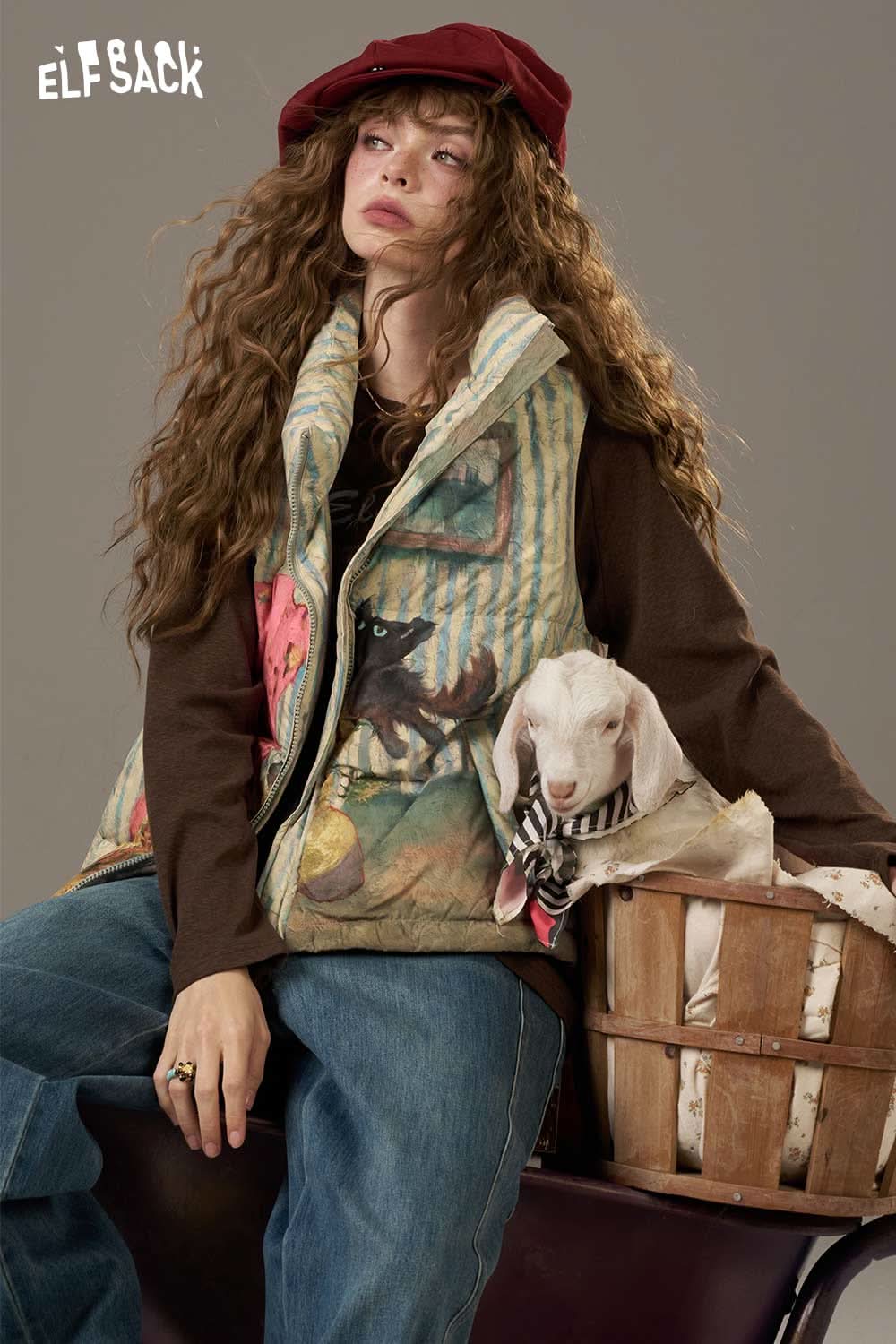ELFSACK women's checkered down vest in a colorful design, styled with casual denim and accessories