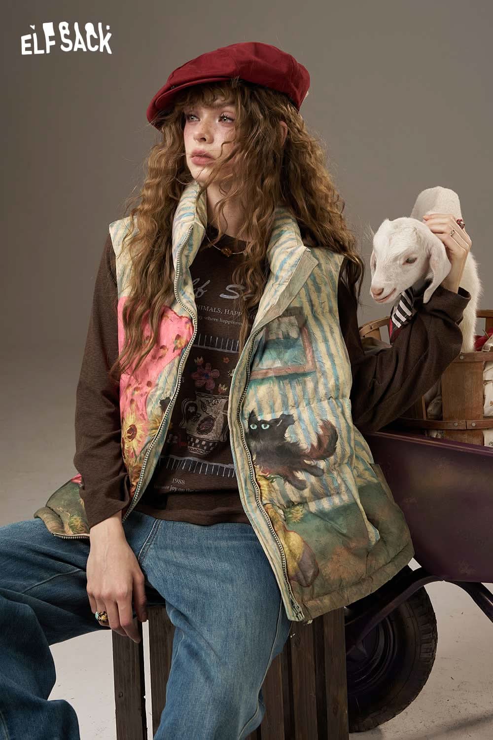 ELFSACK women's checkered down vest featuring a unique artistic design and comfortable fit