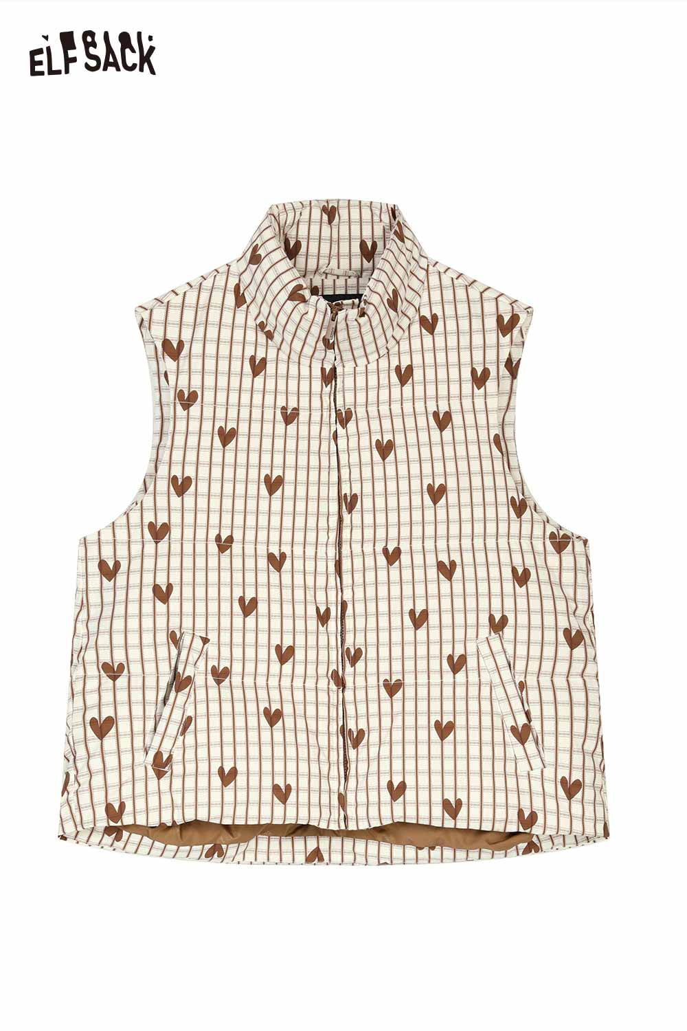 ELFSACK women's checkered down vest with heart print and side pockets for stylish warmth