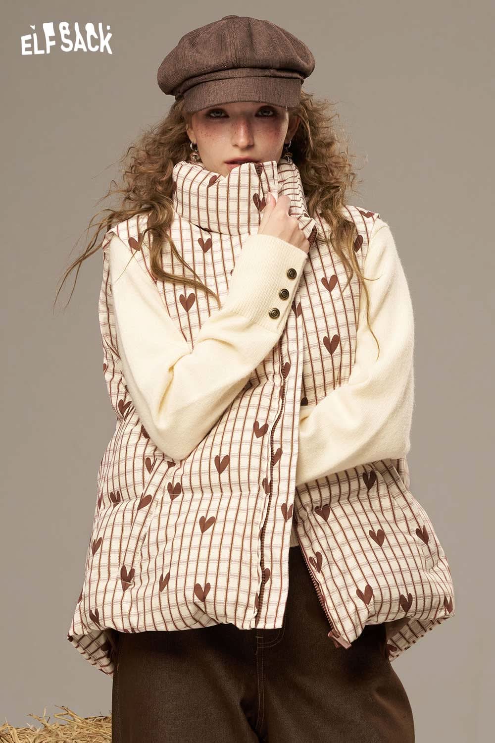 ELFSACK women's checkered down vest with a stylish high collar and unique heart pattern