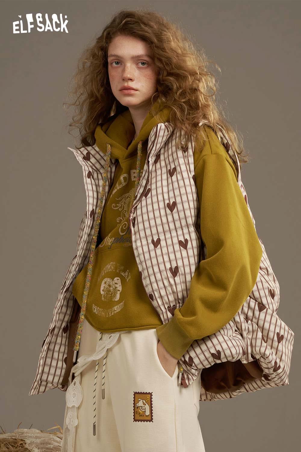 ELFSACK women's checkered down vest styled with a casual hoodie and comfortable pants