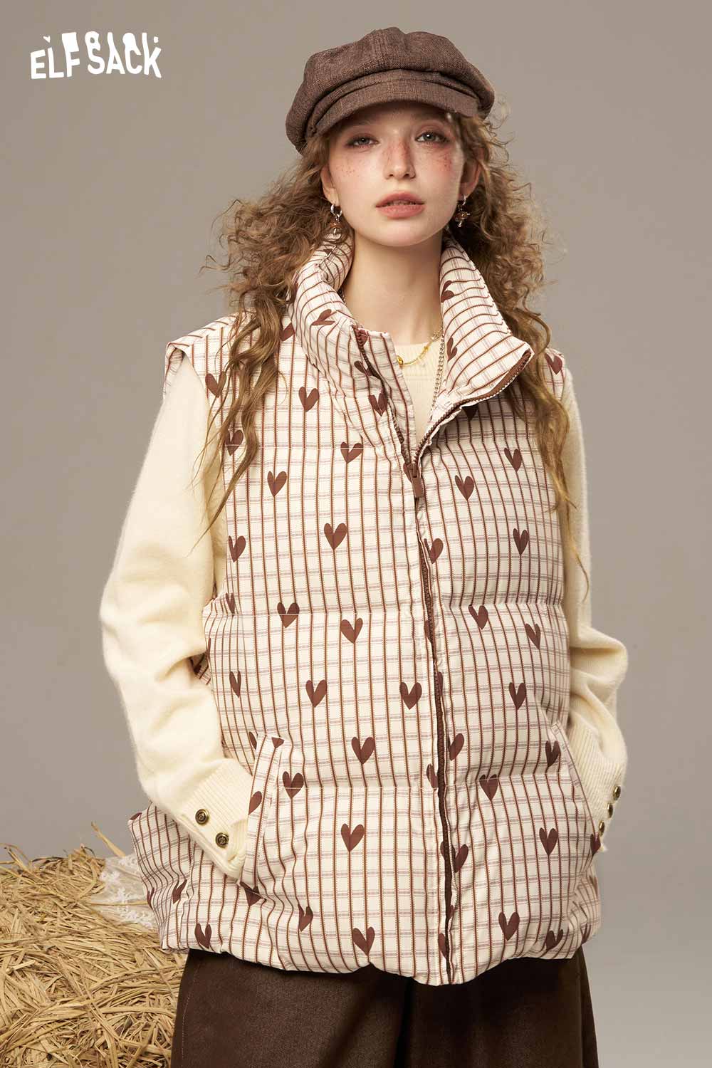 ELFSACK women's checkered down vest with heart pattern for stylish winter layering