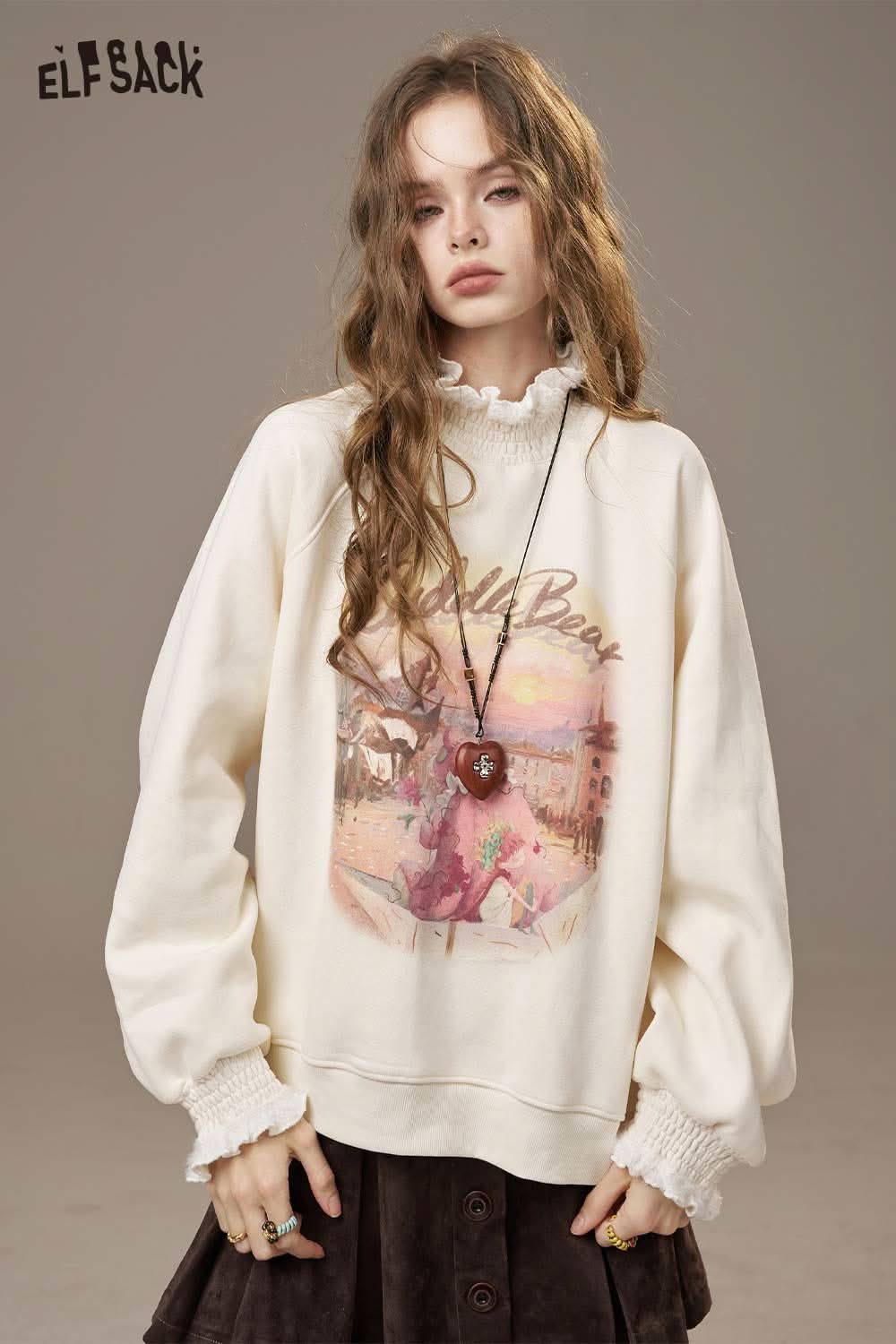 ELFSACK floral print high-neck top for women with long sleeves and a relaxed fit