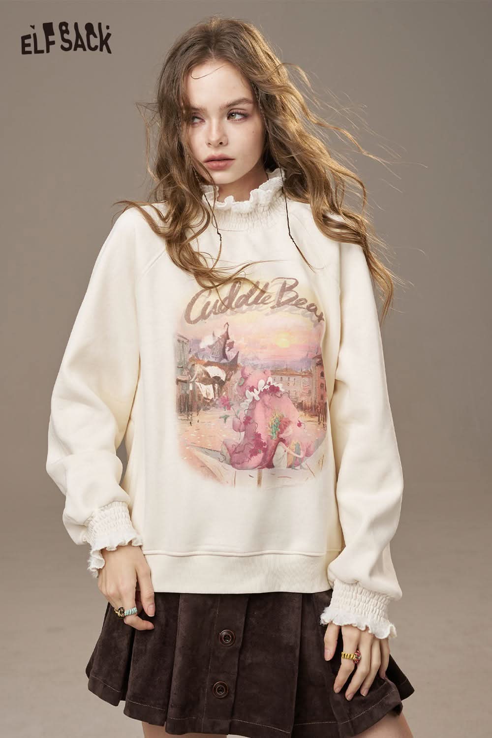 ELFSACK floral print high-neck top for women featuring a whimsical graphic design and ruffled details