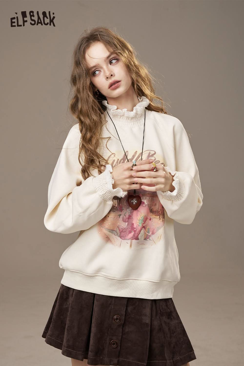 ELFSACK floral print high-neck top for women featuring a ruffled neckline and casual fit