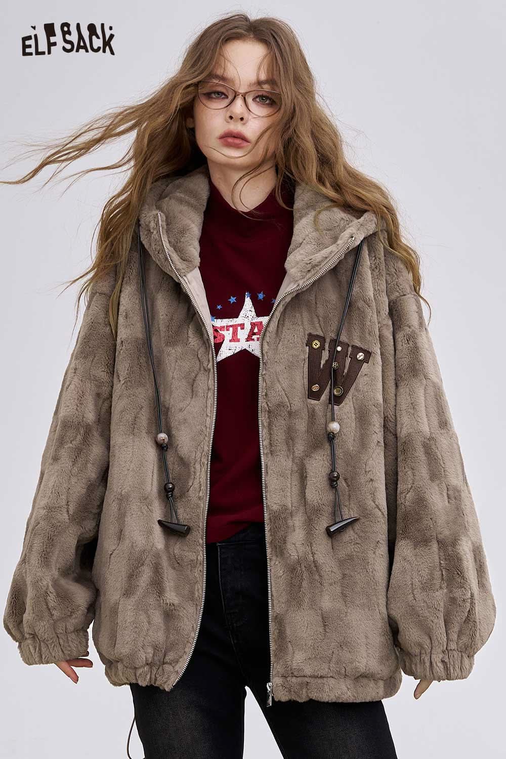 ELFSACK soft hooded cotton coat for women in taupe with a cozy and stylish design featuring drawstring details