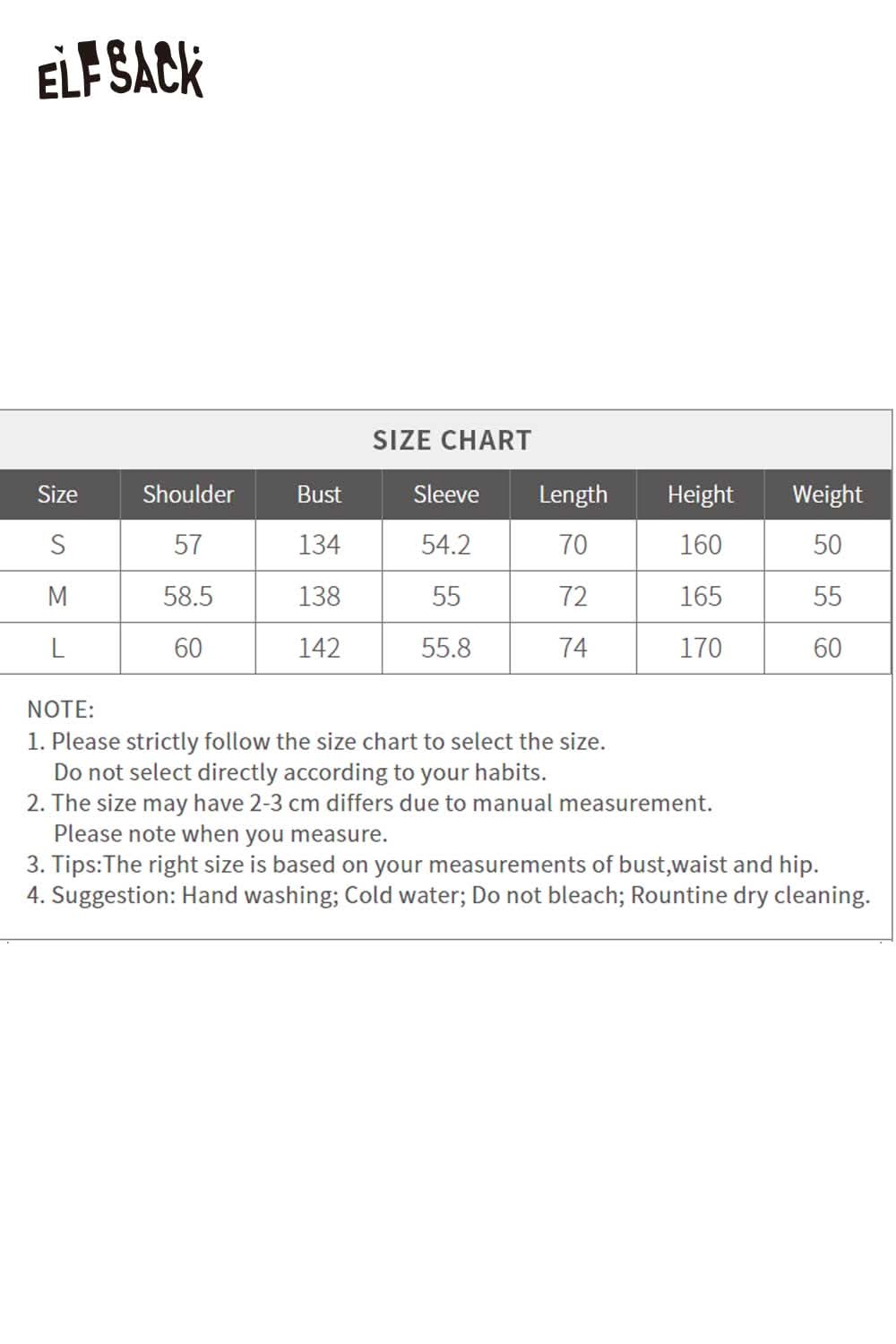 Size chart for ELFSACK soft hooded cotton coat for women including measurements for small and medium sizes