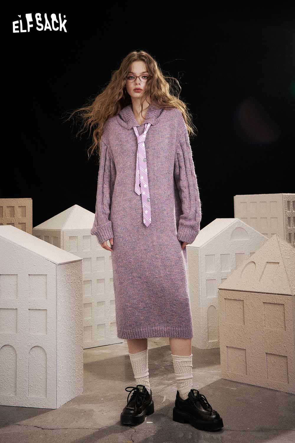 ELFSACK soft knit long dress in lavender with hood and tie, perfect for cozy styling.