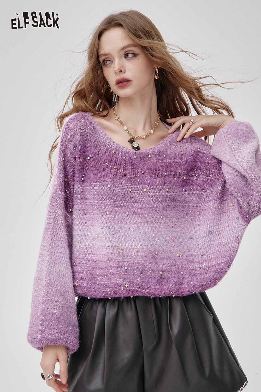 ELFSACK ombre knit v-neck sweater featuring a stylish purple gradient and embellished design