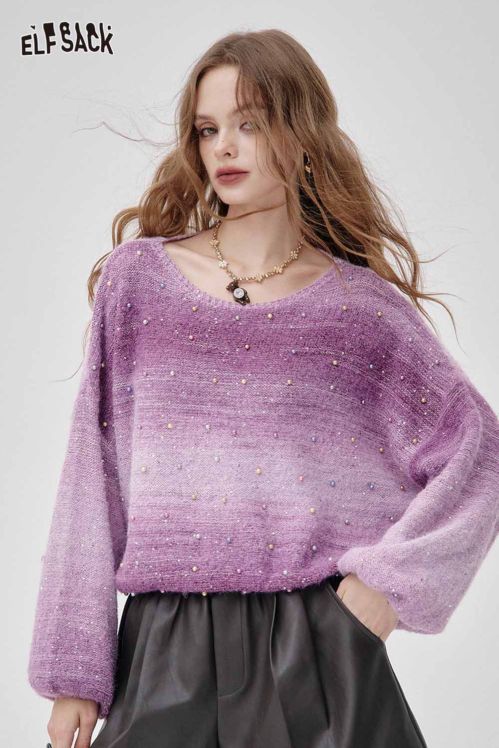 ELFSACK ombre knit v-neck sweater in purple tones with beaded embellishments for a trendy look