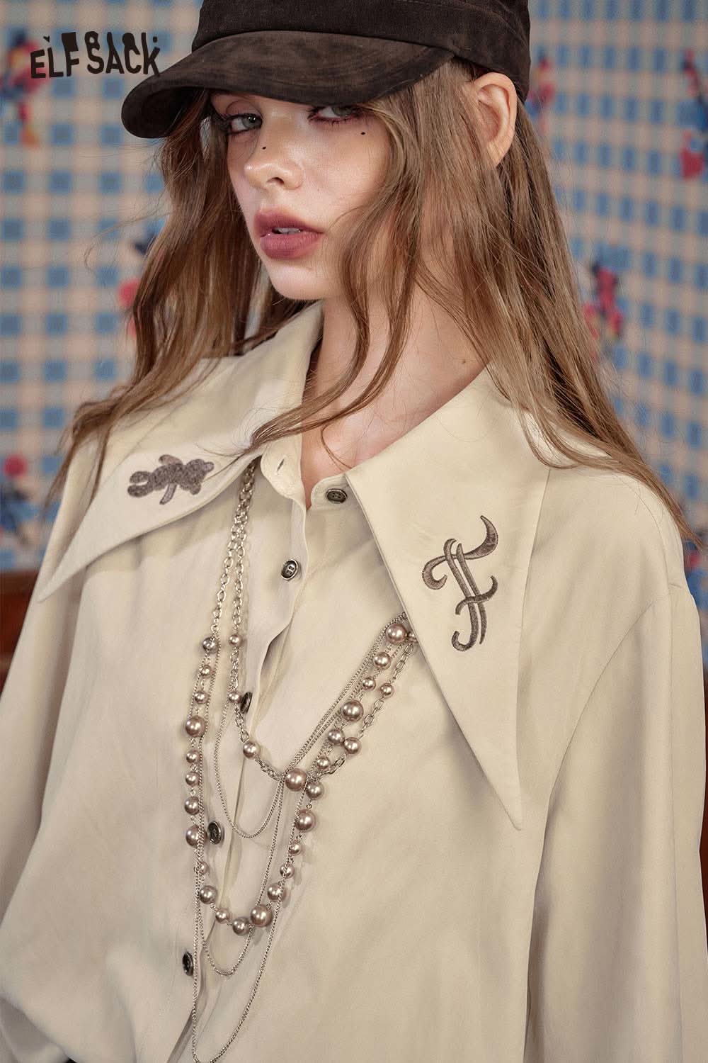 ELFSACK women's soft lapel collar shirt in beige with decorative embroidery for a stylish look