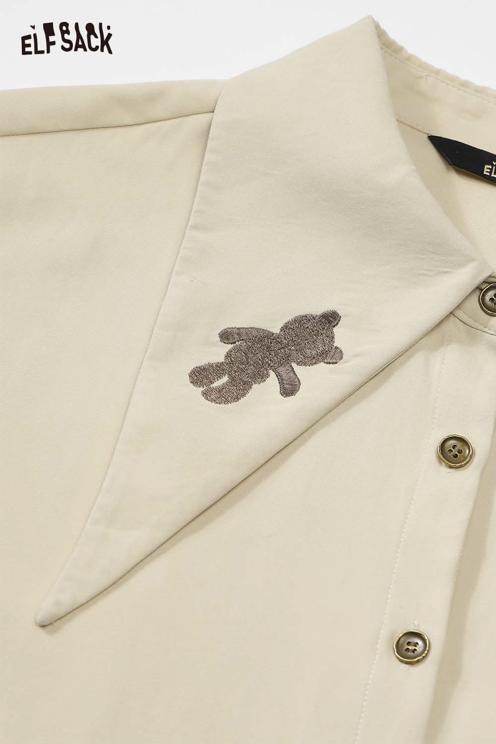ELFSACK women's soft lapel collar shirt with bear embroidery on a cream fabric