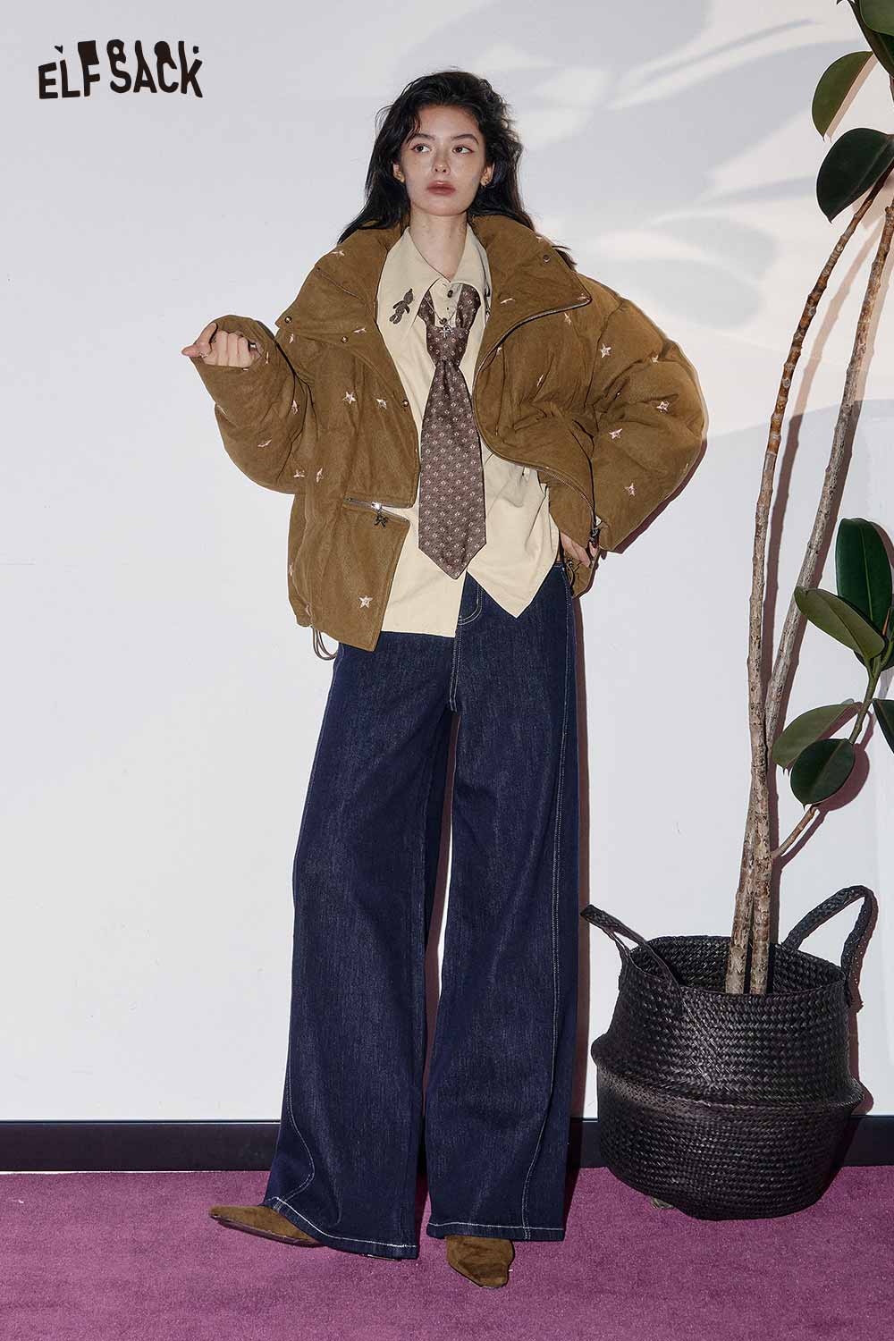 ELFSACK women's soft lapel collar shirt styled with oversized jacket and wide-leg jeans