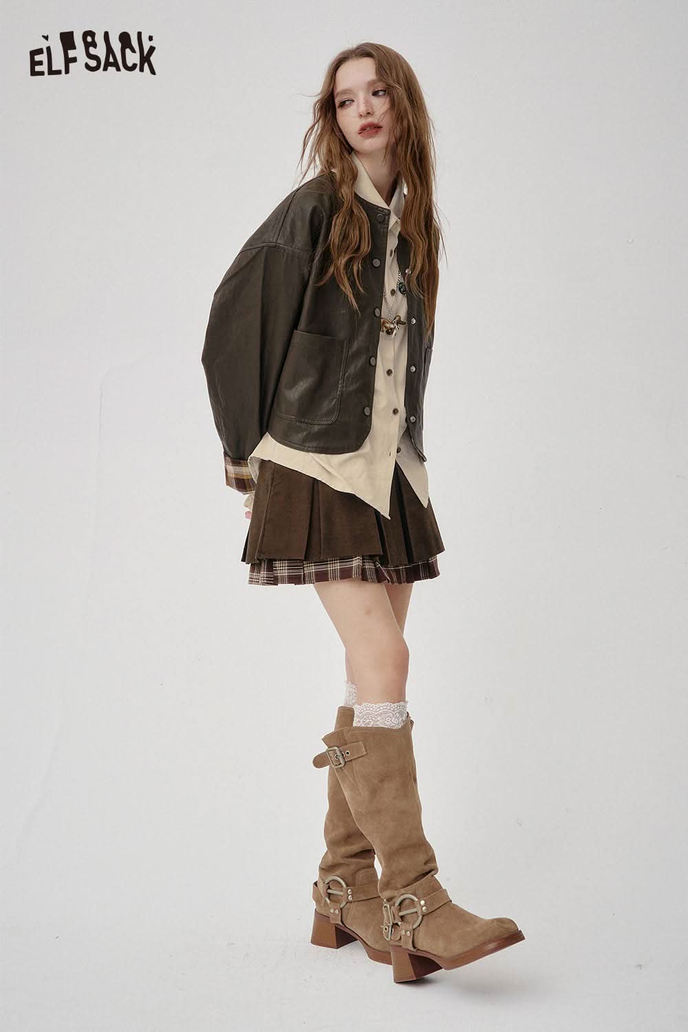 Stylish ELFSACK women's soft lapel collar shirt paired with a trendy jacket and skirt