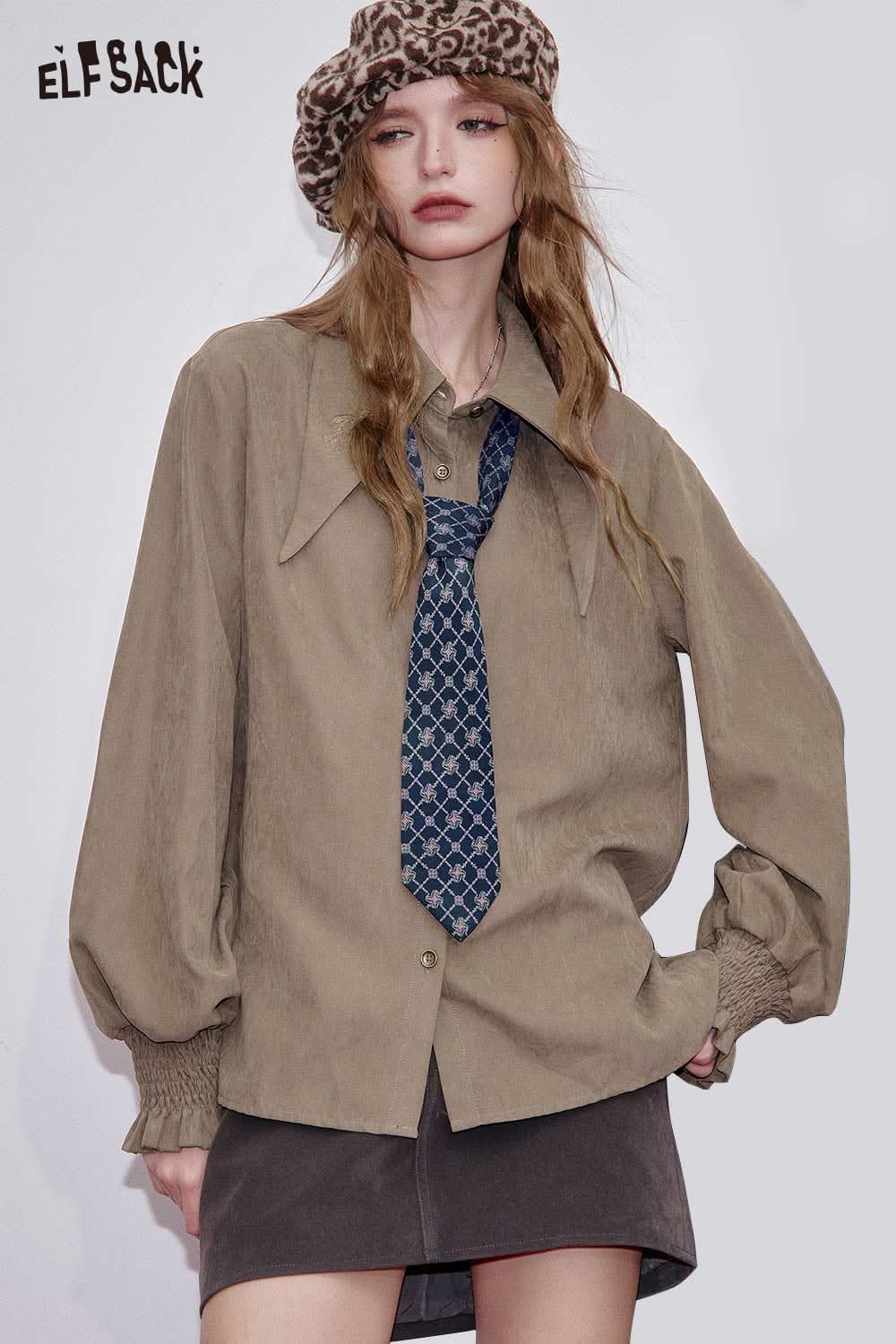 ELFSACK women's soft lapel collar shirt in taupe with balloon sleeves and stylish tie accessory