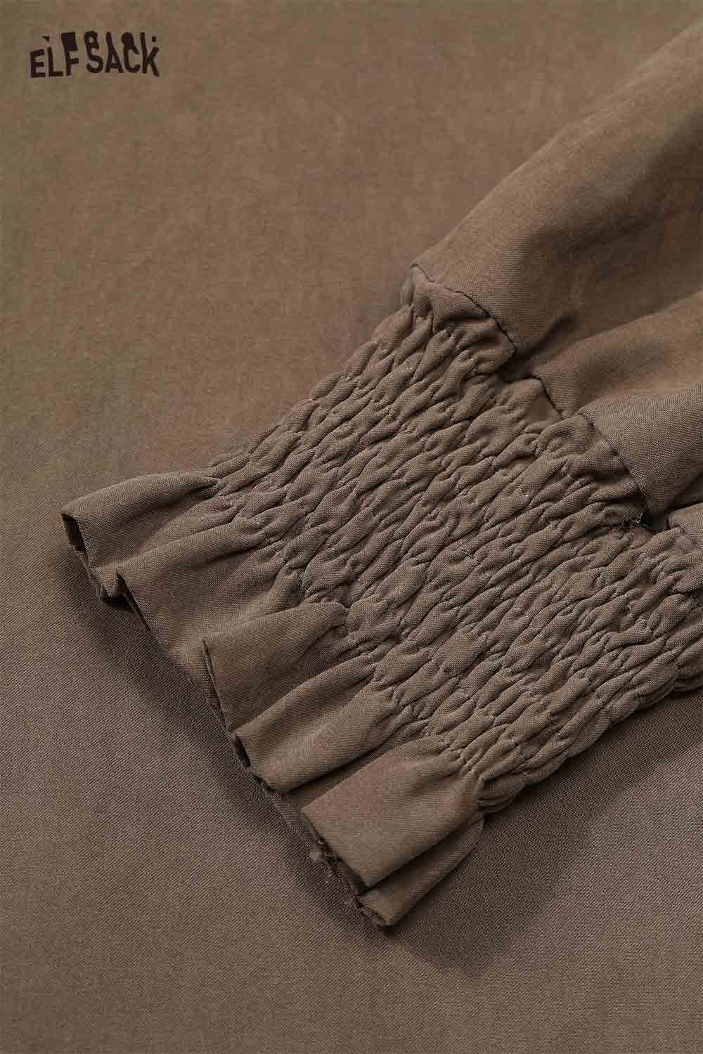 ELFSACK women's soft lapel collar shirt with gathered sleeve detailing in earthy brown color
