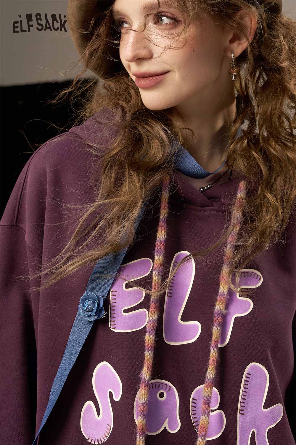 ELFSACK women's letter print sweatshirt in purple with colorful drawstrings and casual style