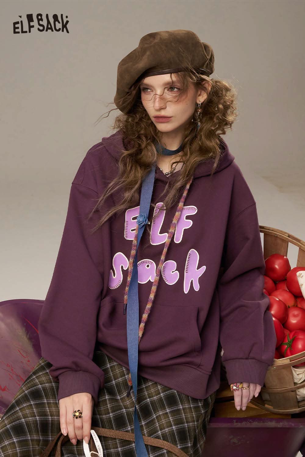 ELFSACK women's letter print sweatshirt in purple with bold lettering for a trendy casual look